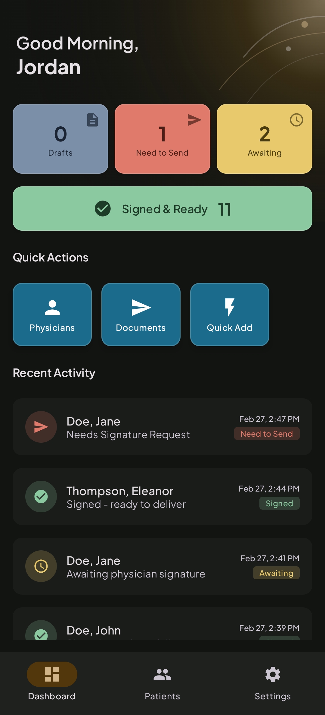 Sanolume Orders dashboard showing status cards and recent activity